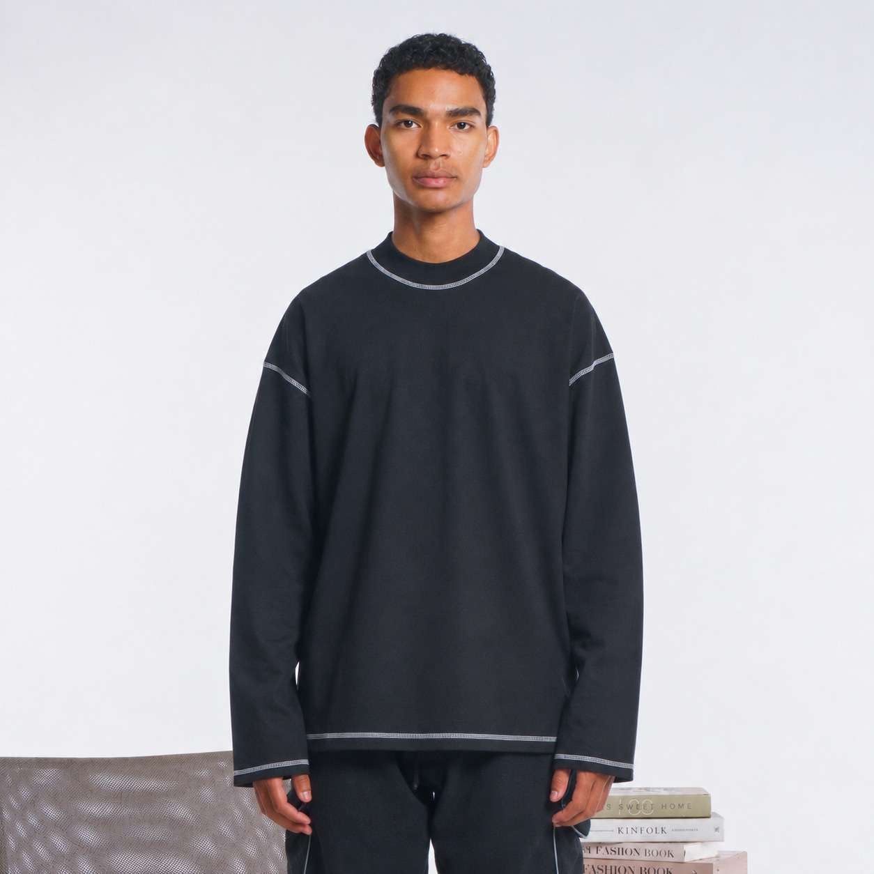 Kaos Polos Oversized Boxy Crop Long Sleeve Contrast Stitch Bold Neck | Abyad Apparel Pro